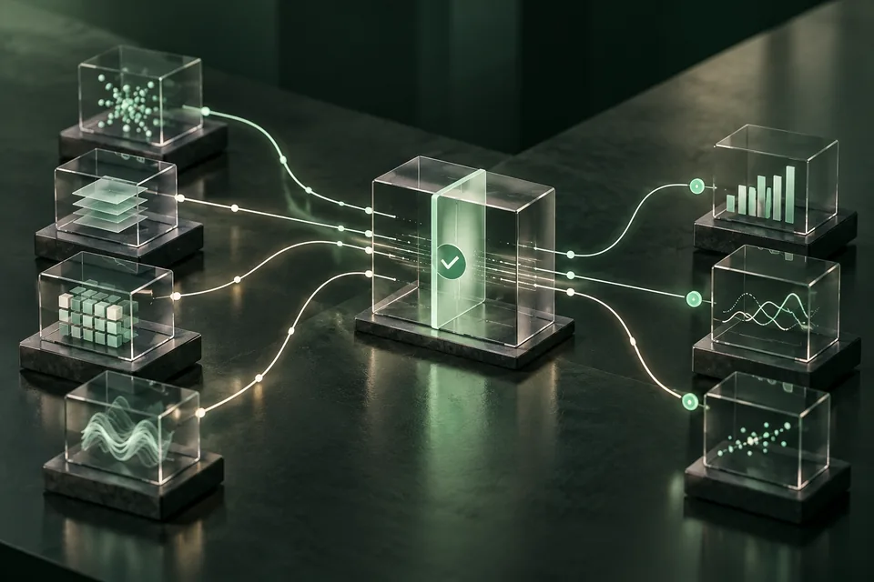 Concept illustration of AI agents passing through an evaluation workflow.