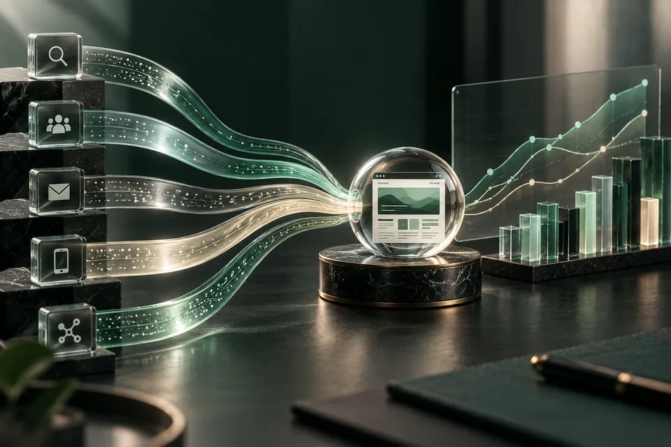 Concept illustration of data sources converging into marketing analytics.